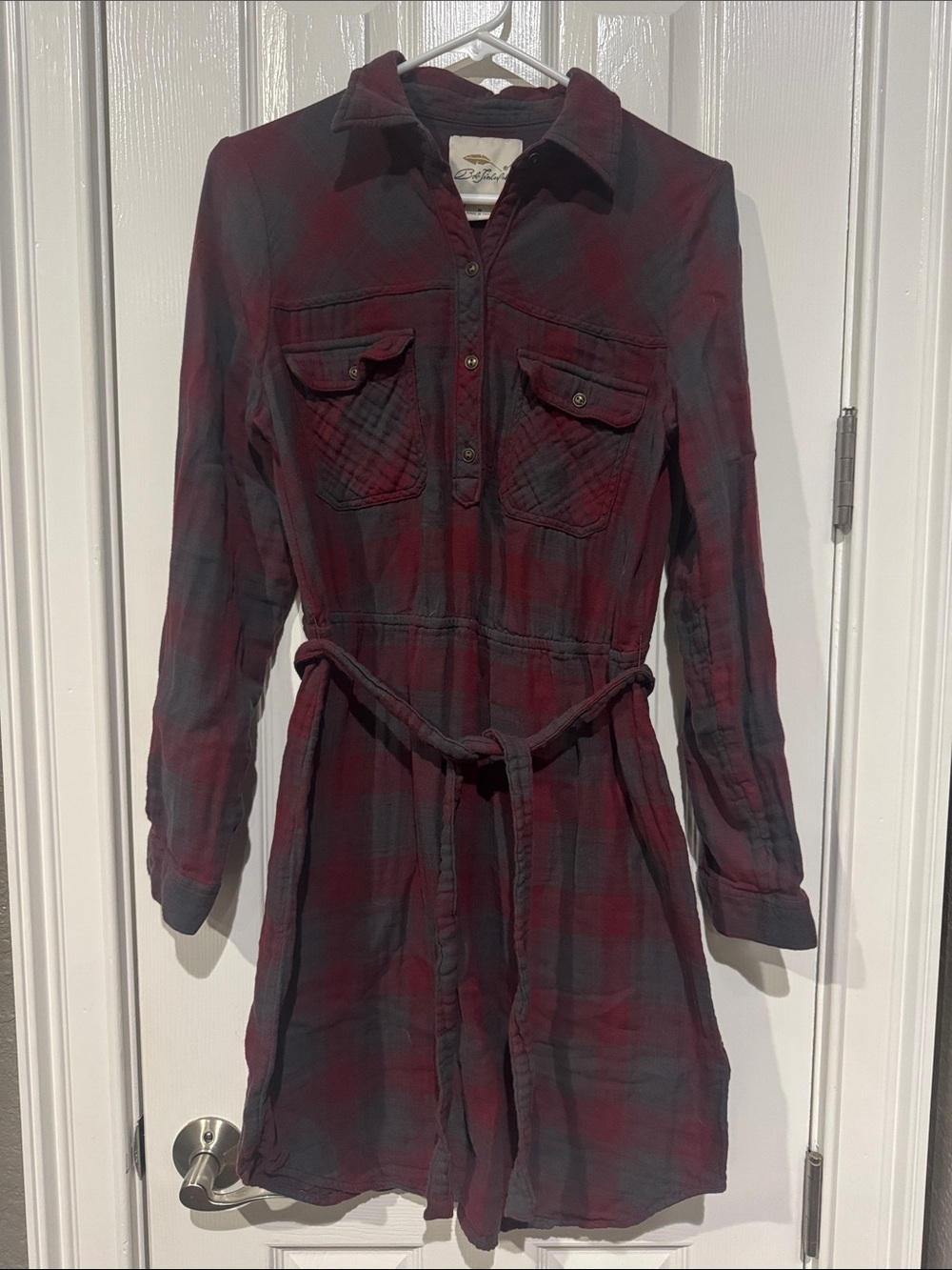 Rails Women's Burgundy and Navy Plaid Shirt Dress with Waist Tie